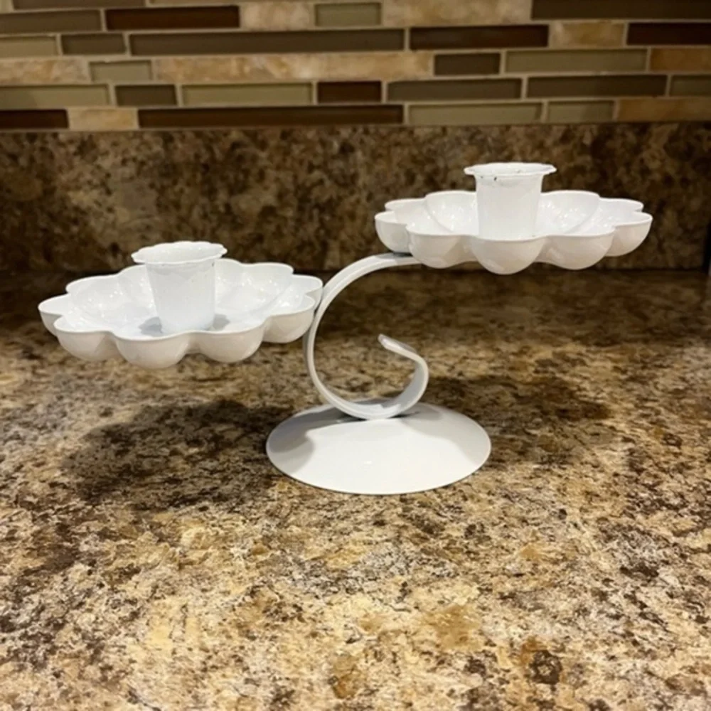 Vintage White Metal Double Candlestick Holder Tiered Flower Shaped